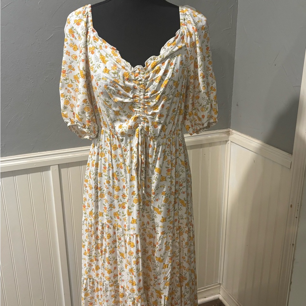 Ruched Cream Maxi Dress with Yellow Floral Print